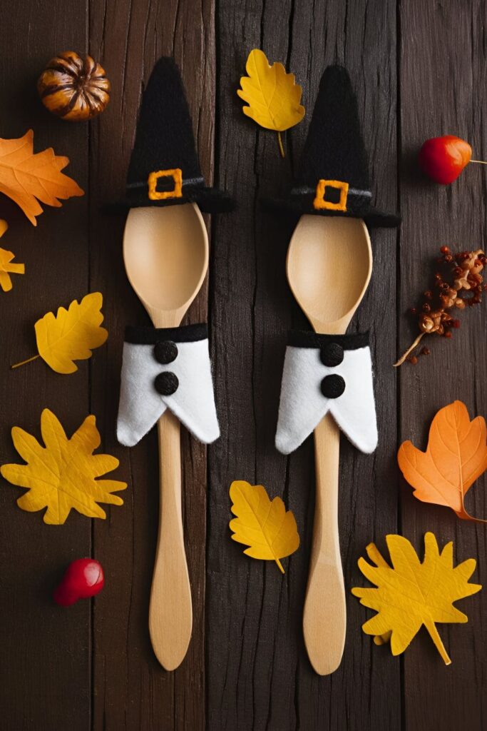 Wooden spoons crafted into Pilgrim figures with felt hats and collars, used as Thanksgiving table decorations or puppets