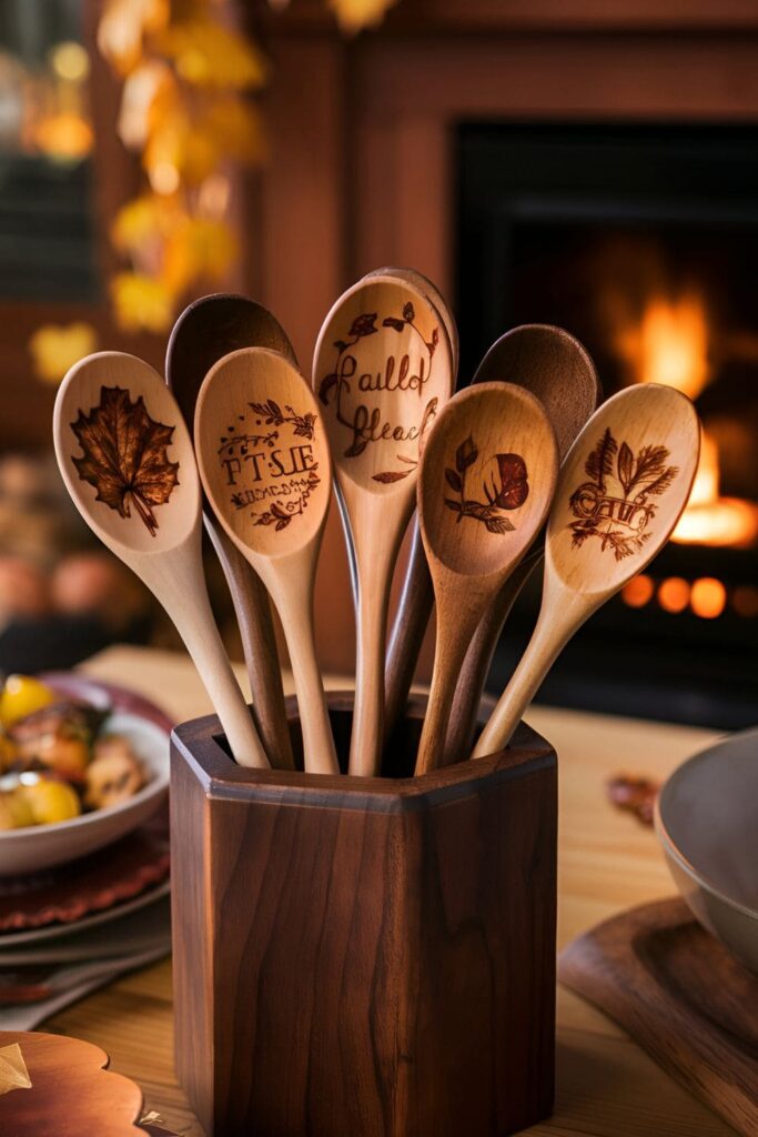 Wooden spoons with fall designs burned into them, displayed in a utensil holder or used in a kitchen setting