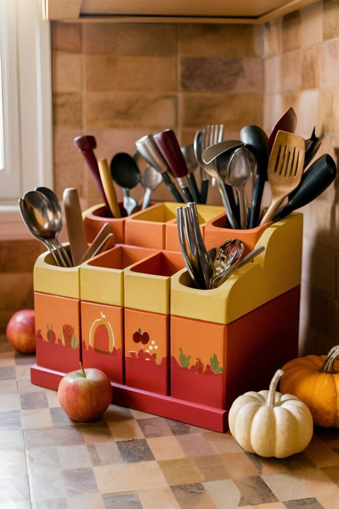 Wooden utensil organizer with dividers, painted in fall colors, filled with kitchen utensils on a countertop