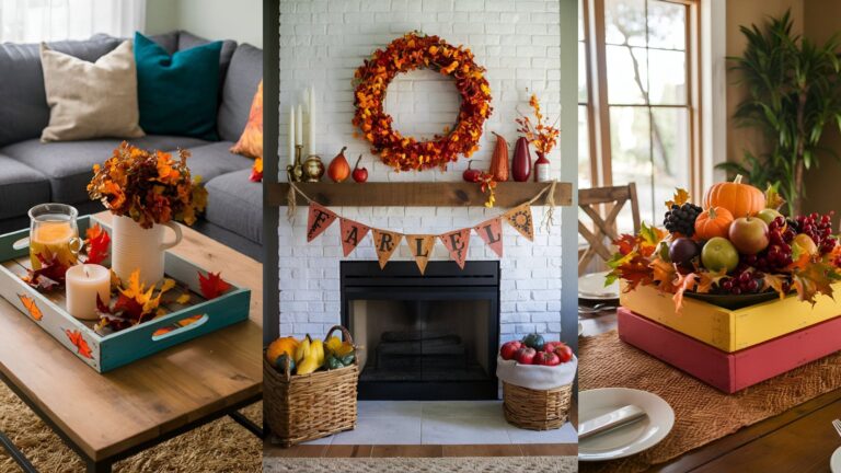 collage of 3 images of fall crafts made using pallet wood