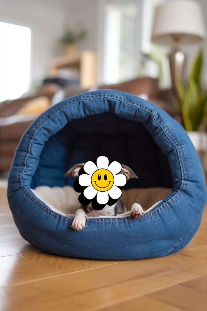 A circular denim pet bed stuffed with soft filling, creating a cozy space for pets to rest