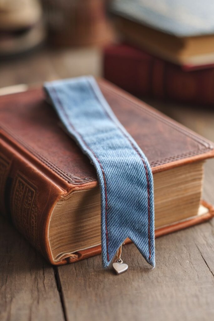 A denim bookmark with stitched edges and a small decorative charm, placed between the pages of a book