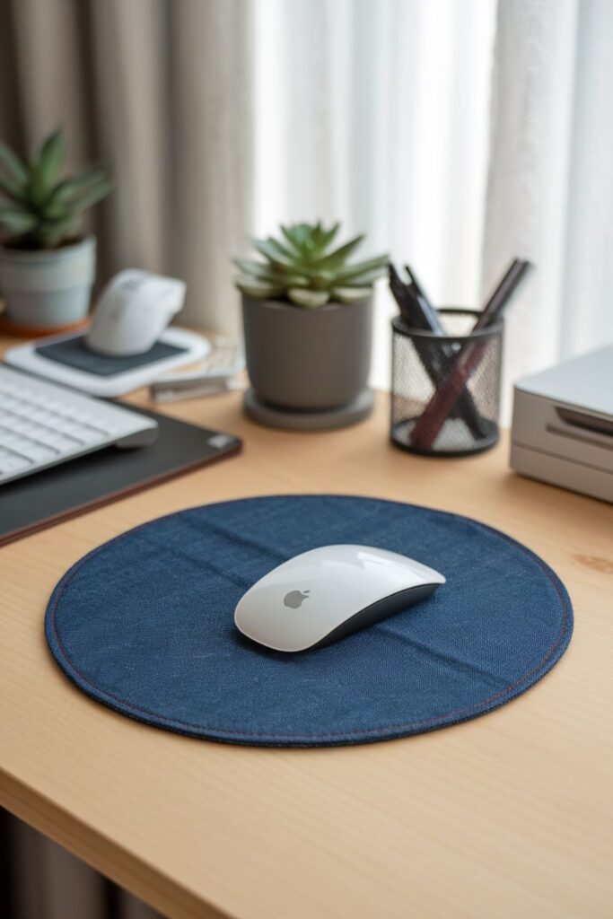 A denim mouse pad cut into a round shape, with a non-slip backing, adding a unique touch to a workspace