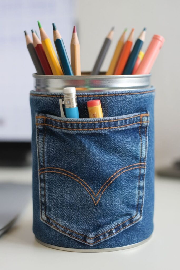 A denim pocket attached to a tin can, used as a functional pencil holder on a desk, organizing writing tools with rustic charm