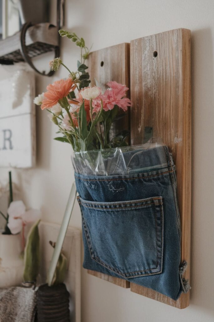 A denim pocket attached to a wooden board holding fresh flowers, creating a rustic wall-mounted flower vase