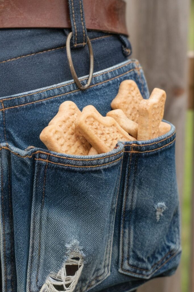 A denim pocket clipped to a bag or belt, holding dog treats for easy access during walks or outings