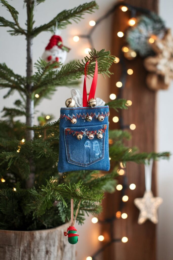 A denim pocket decorated with festive details, hanging on a Christmas tree as a handmade ornament with rustic charm