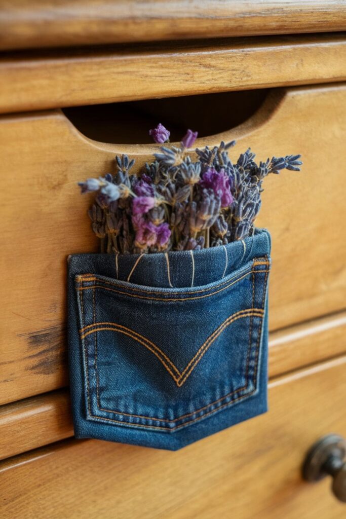 A denim pocket filled with dried flowers or lavender, serving as a sachet for freshening up drawers and closets