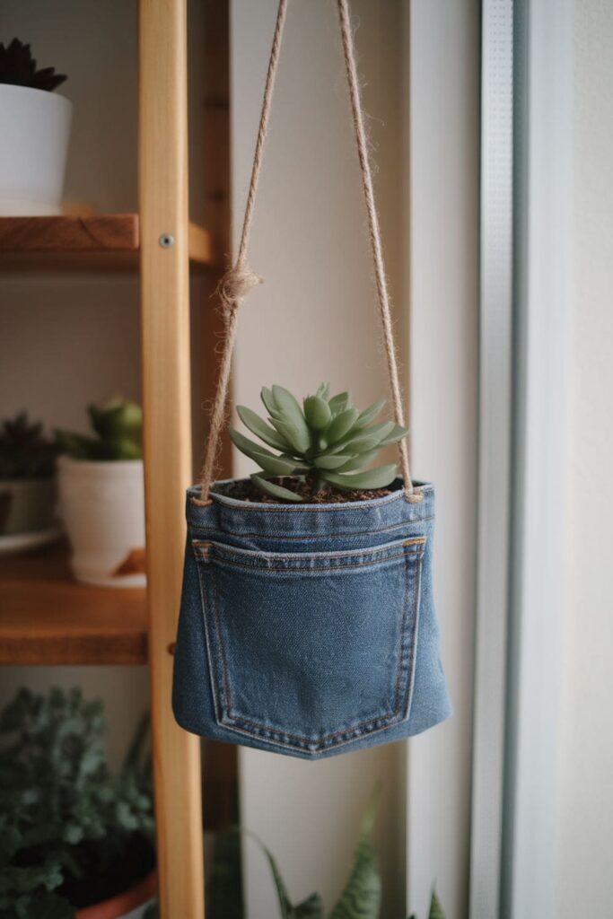 A denim pocket holding a small potted plant, suspended by rope, adding greenery and style to a room