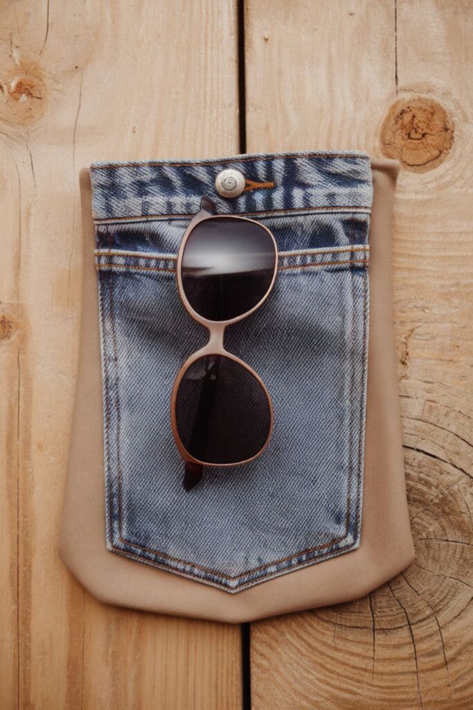 A denim pocket lined with soft fabric, used as a sunglasses case with a button or velcro closure to protect lenses