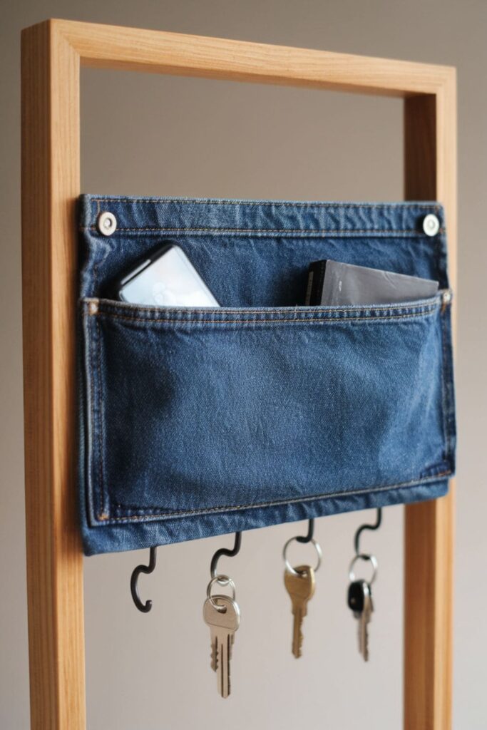 A denim pocket mounted on a wooden frame with hooks, used to store keys and small items in an entryway