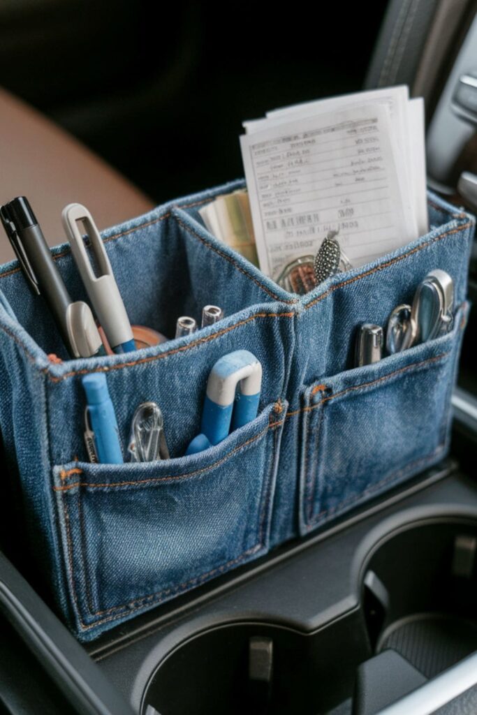 A denim pocket organizer in a car’s center console, holding pens and receipts, creating a stylish and organized space