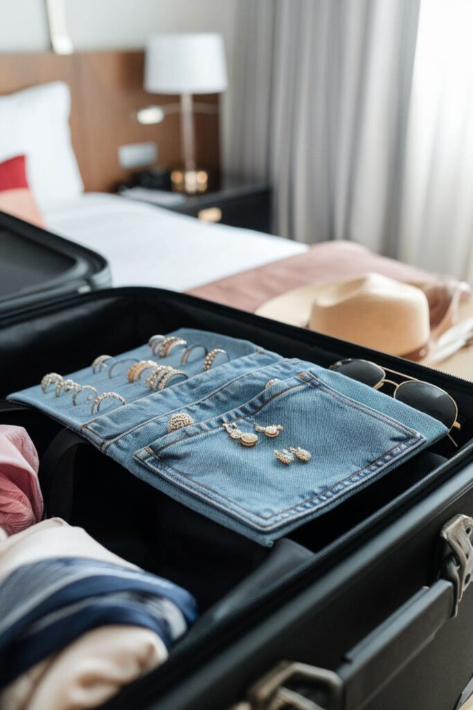 A denim pocket storing rings and earrings, providing a safe and organized jewelry holder for travel