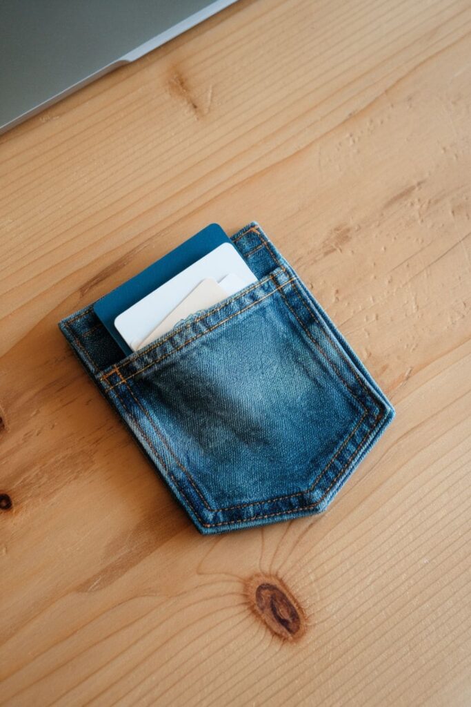 A denim pocket used as a card holder, keeping business or gift cards safe and accessible on a desk or in a bag