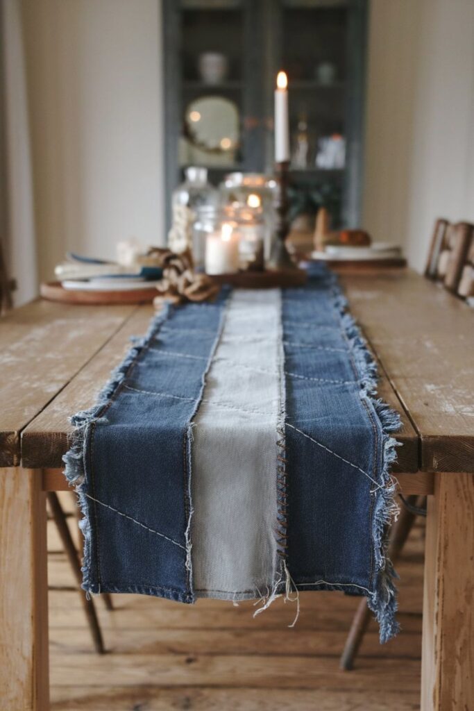 A denim table runner with sewn strips and frayed edges, adding a rustic touch to a wooden dining table