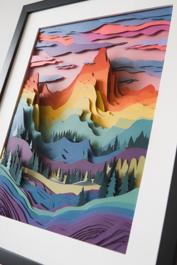 A framed piece of layered paper art showcasing a vibrant mountain landscape with precise, intricate paper layers