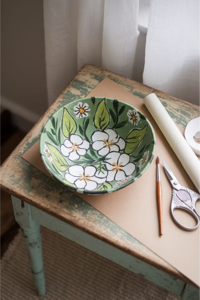 A hand-painted paper mache bowl with a floral design, placed on a rustic table alongside glue and brushes