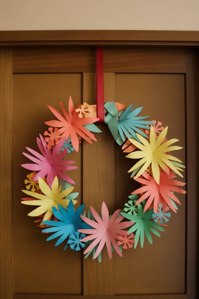 A handmade paper wreath featuring colorful leaves and flowers, decorated with a red ribbon, hanging on a wooden door