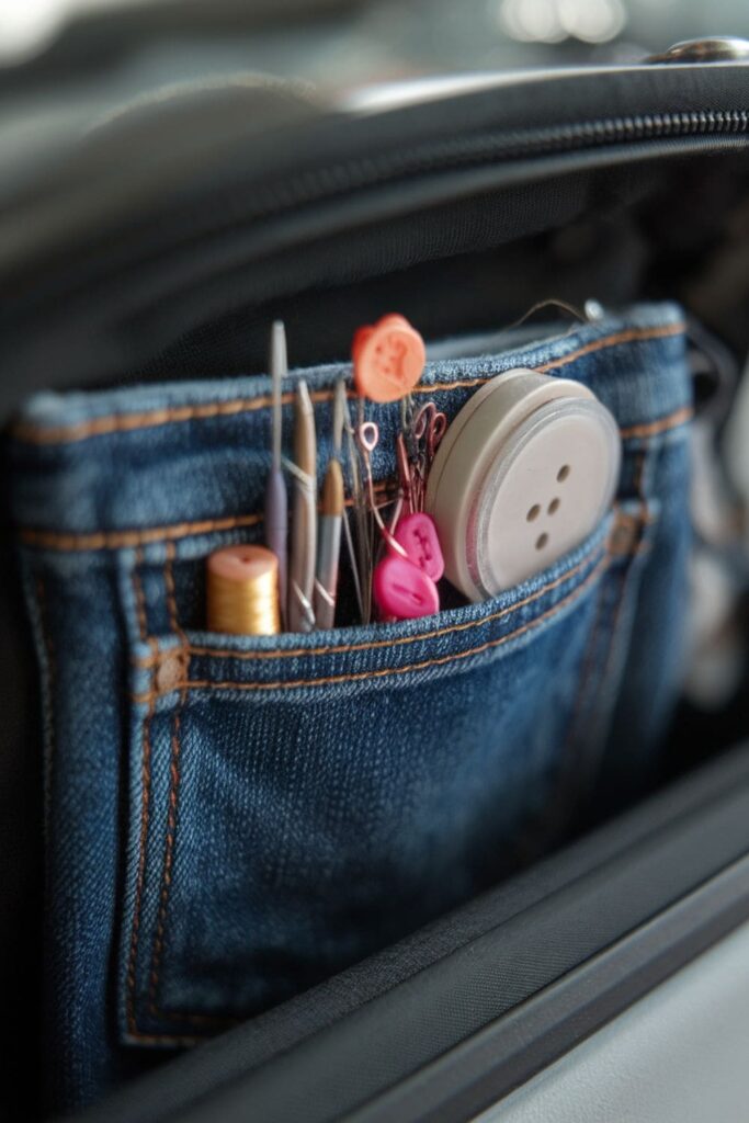 A mini sewing kit inside a denim pocket, carrying needles, thread, and buttons for quick fixes on the go