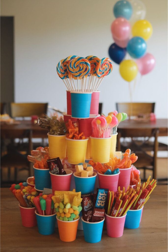 A multi-tiered candy stand made by stacking painted paper cups, holding various colorful candies and treats