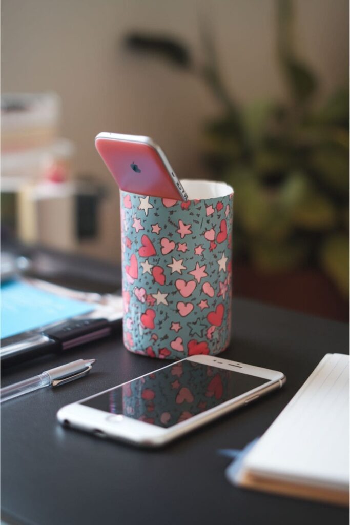 A paper cup with a slot cut out, decorated and used as a DIY phone amplifier, placed next to a smartphone playing music