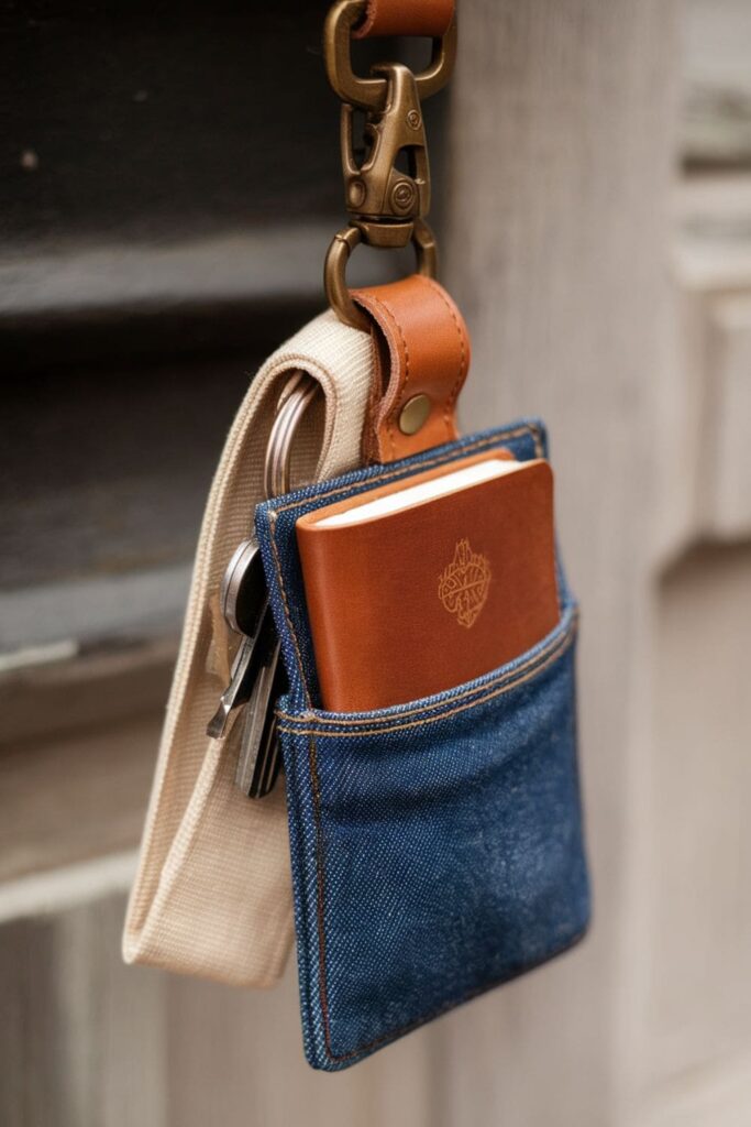 A small notebook tucked inside a denim pocket with a loop attached, hanging from a keychain or bag as a portable notepad holder