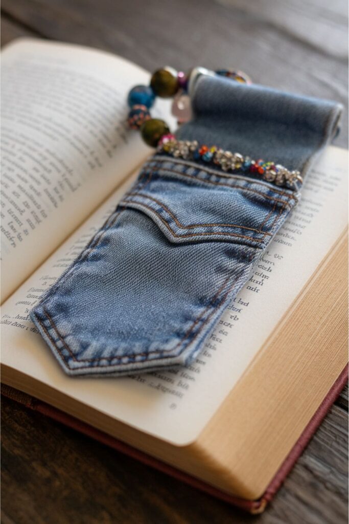 A sturdy denim bookmark decorated with beads, sitting in a book and providing both function and style