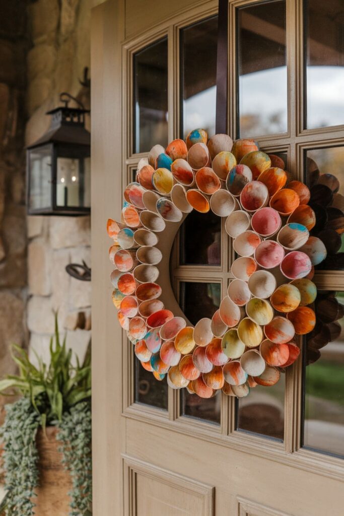 A wreath made from flattened paper cup petals painted in seasonal colors, hung against a wooden background