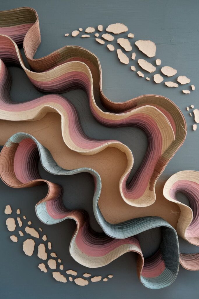 Abstract wall art featuring layered cardboard swirls, painted in gradient and metallic tones for a flowing, dynamic effect