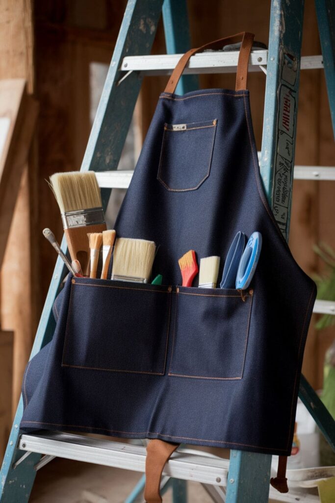 An apron with denim pockets, holding tools or garden supplies, offering a practical and durable solution for crafting or gardening