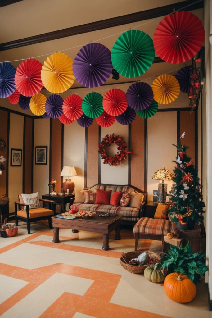 Bright accordion-style paper fans strung together into a garland, hanging in a cheerful living room setting