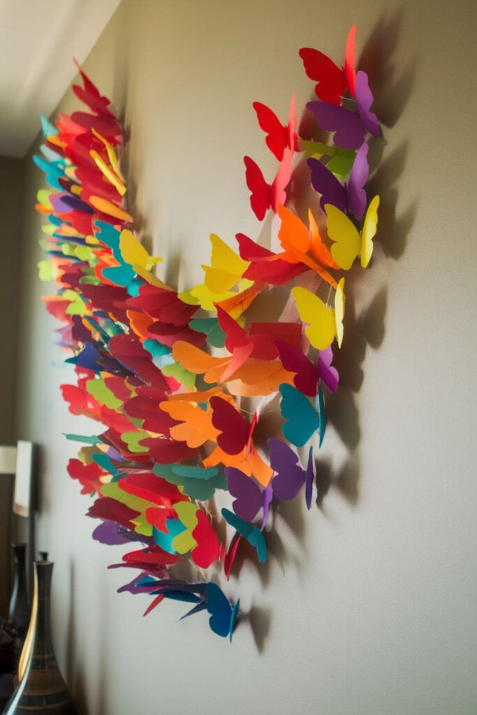 Brightly colored paper butterflies attached to a wall, creating the illusion of a lively swarm in motion