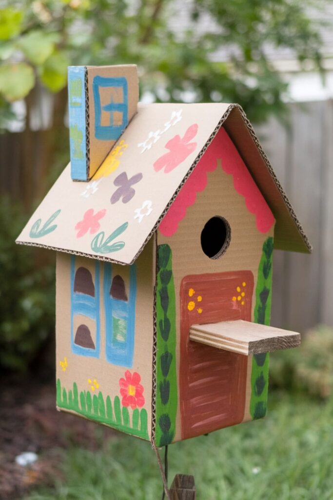 Brightly painted cardboard birdhouse with a perch, designed for hanging in the garden or balcony to attract birds