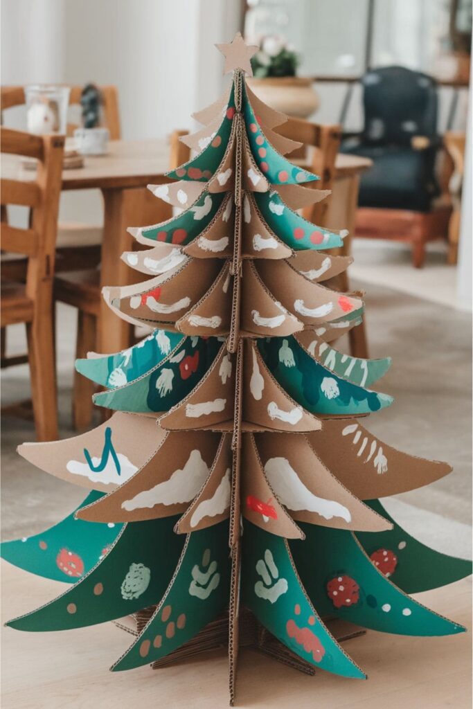 Cardboard Christmas tree made from stacked layers of cut-out trees, decorated with paint, ornaments, and ribbons