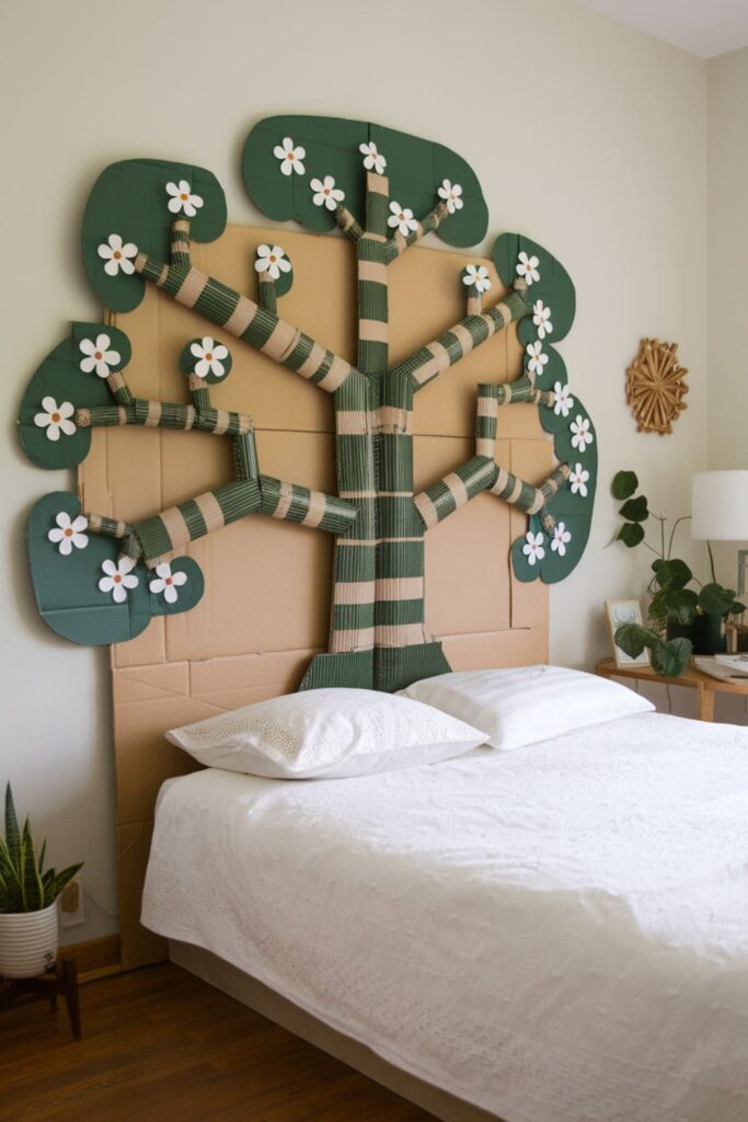 Cardboard headboard for a bed, cut into a unique shape and covered with fabric or painted to match bedroom décor