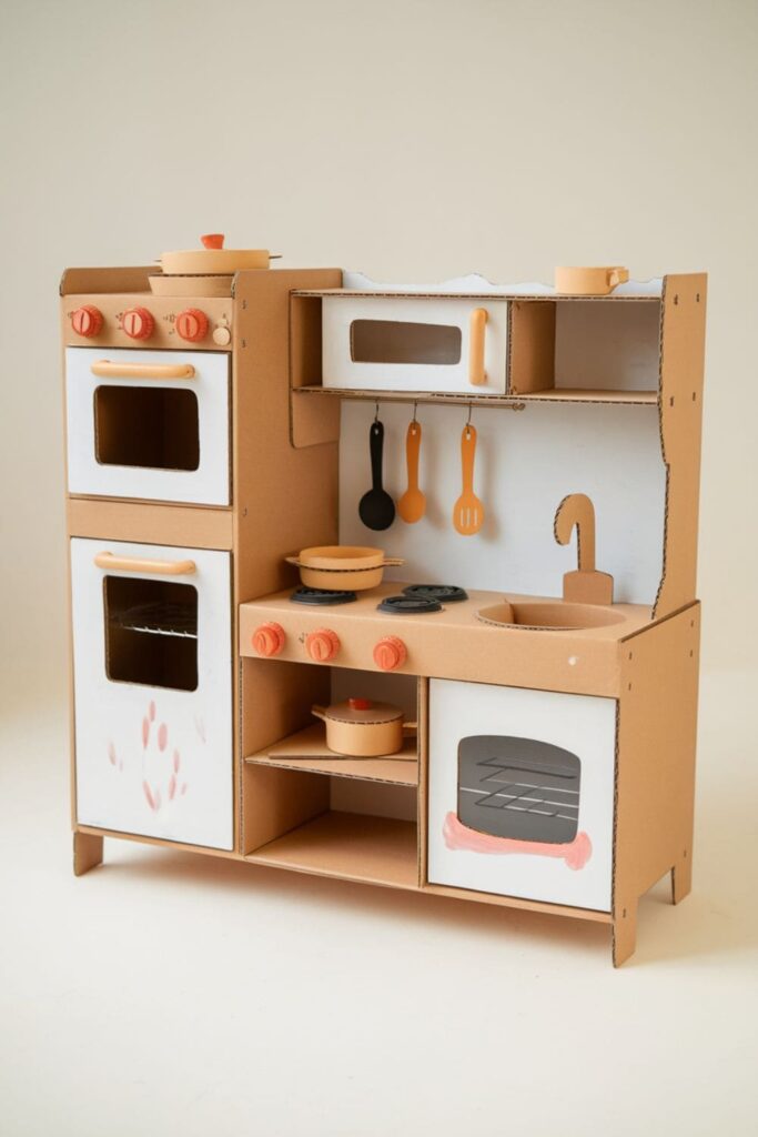 Cardboard play kitchen for kids, with sections cut out for an oven, stove, and sink, decorated with painted bottle caps as knobs