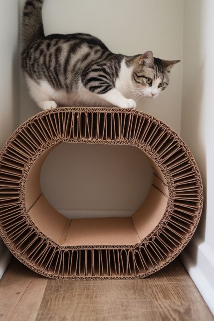 Cardboard scratching post for cats, made from rolled strips of cardboard glued together in a circular shape