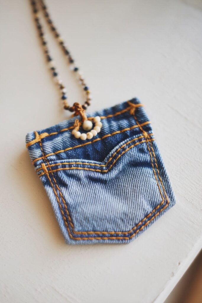 Casual denim pendant necklace made from a small denim cutout, with stitch accents and small beads on a chain