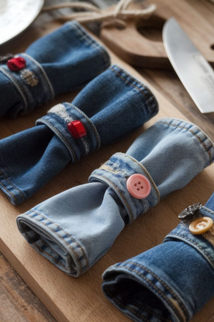 Charming denim napkin rings made from upcycled jeans, sewn into loops and adorned with decorative buttons for a rustic table setting