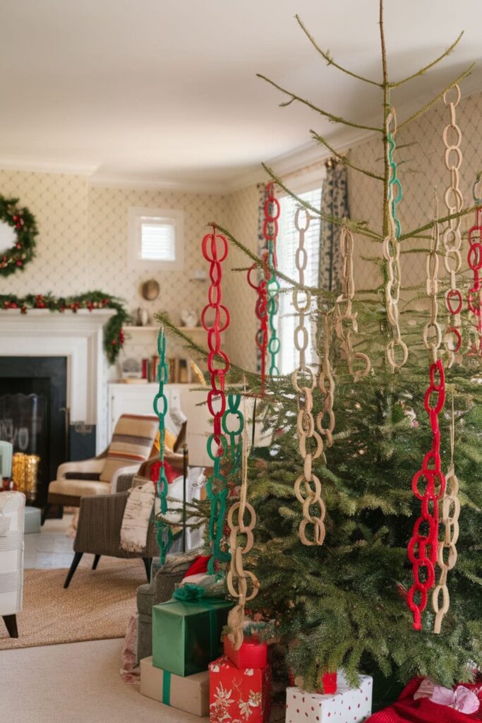 Classic paper chain decorations in red, green, and gold, draped around a Christmas tree in a cozy living room