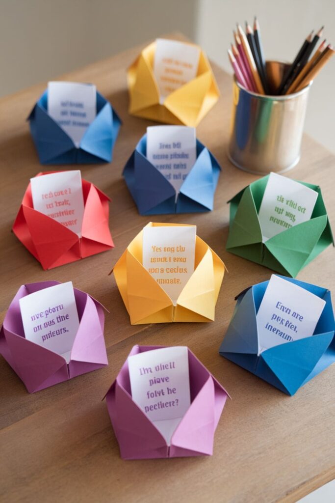 Classic paper fortune tellers in bright colors, with fun messages written inside, arranged on a wooden table