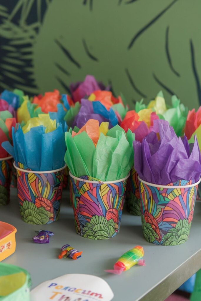 Colorful paper cups decorated as dinosaur eggs with tissue paper tops, filled with toys and candies on a table