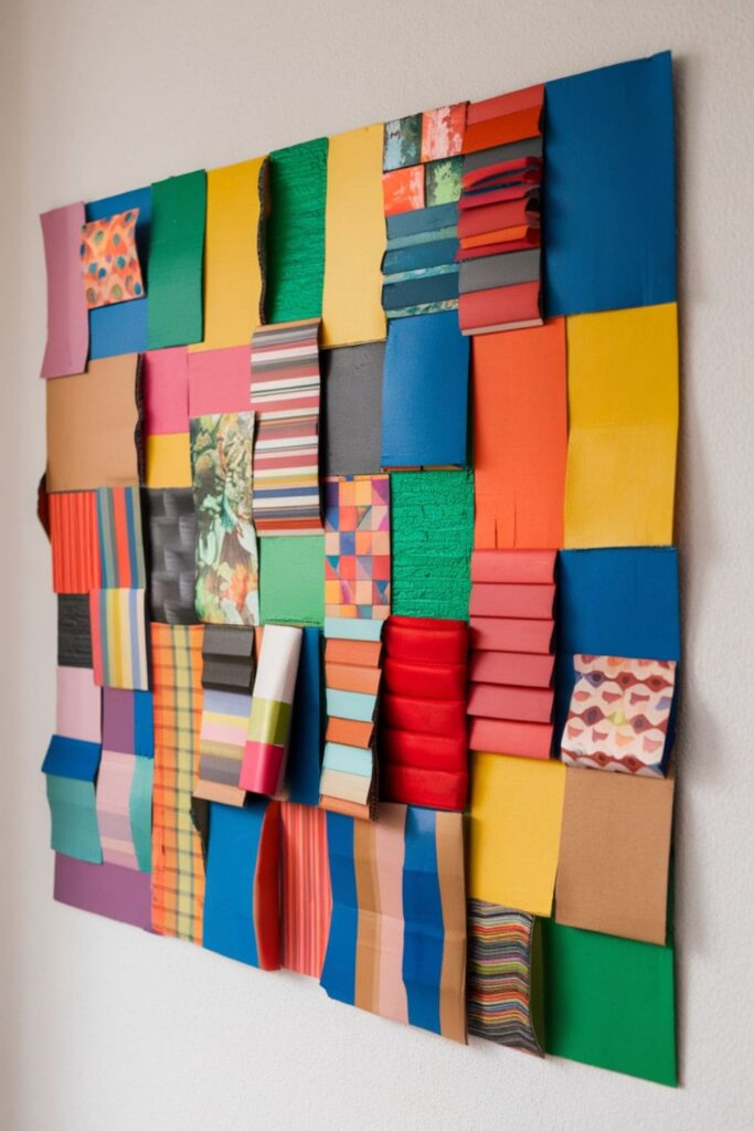 Colorful wall collage made from cardboard pieces with various patterns, textures, and solid colors arranged in a patchwork design