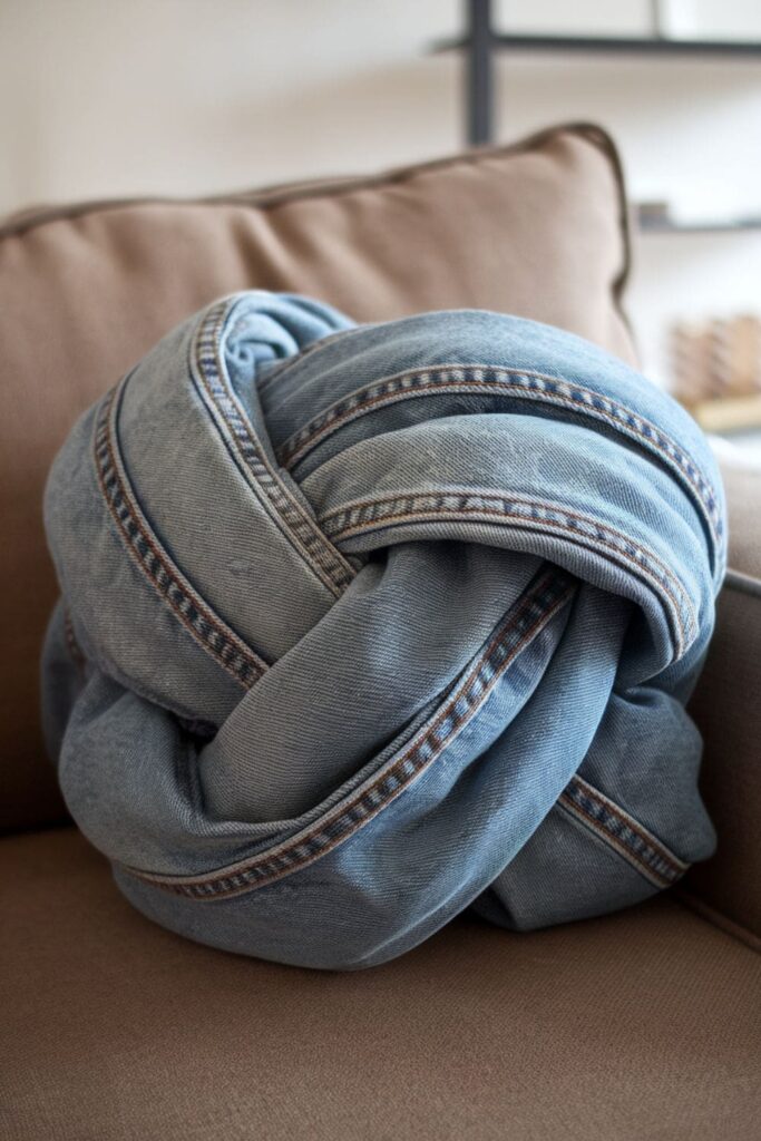 Contemporary denim knot pillow made by tying a long strip of denim into a knot and gluing the ends, stuffed with batting for a soft cushion