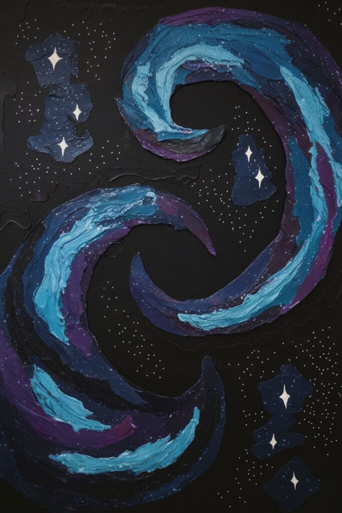 Cosmic cardboard art featuring swirling spirals painted in deep blues, purples, and blacks with white stars for a galaxy theme