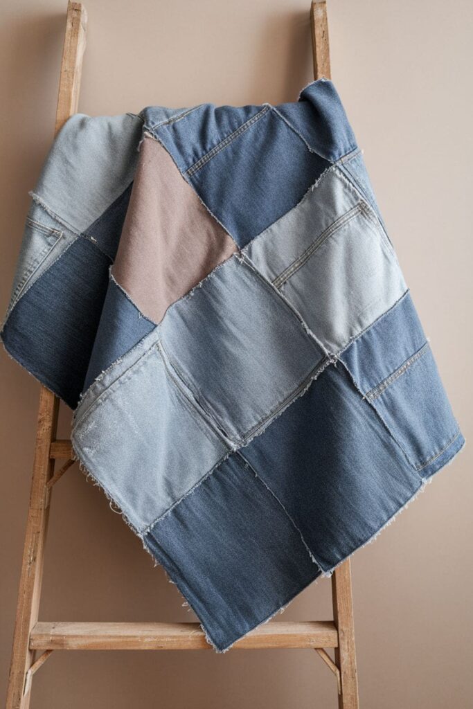 Cozy patchwork quilt made from recycled denim squares, showcasing various shades of blue for a rustic, eco-friendly design