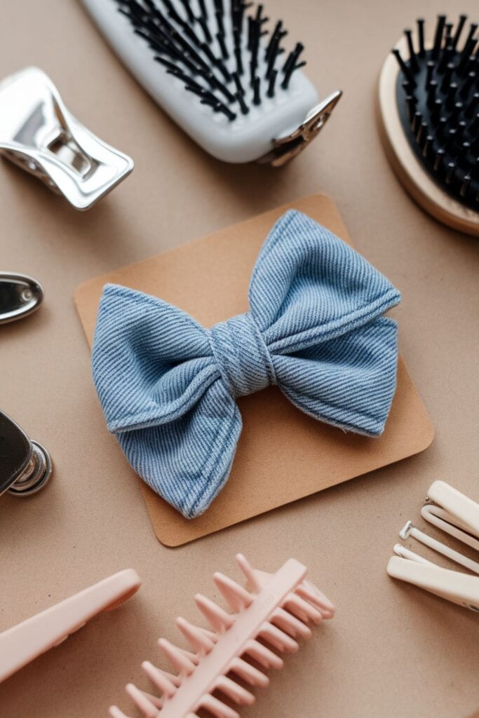 Cute denim bow hair clip attached to cardboard, surrounded by hair styling tools like brushes and clips