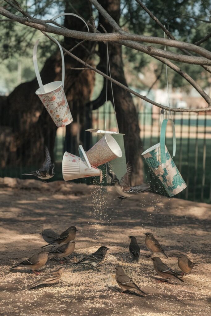 DIY bird feeders made from paper cups, hanging from tree branches, filled with birdseed and surrounded by small birds