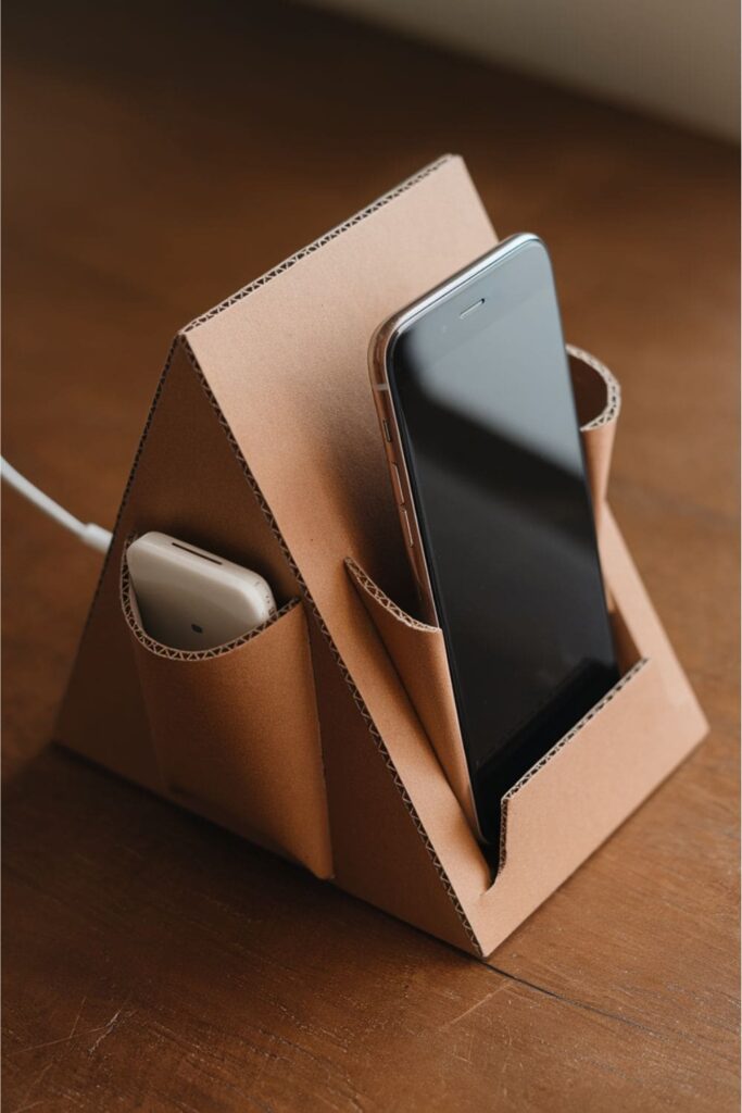 DIY cardboard phone stand, folded into a shape that securely holds a phone, with additional pockets for accessories