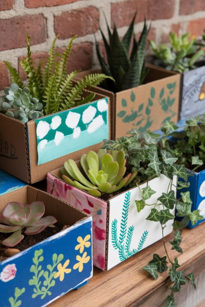 DIY cardboard planter boxes with waterproof lining, painted and decorated with vibrant colors to hold small plants